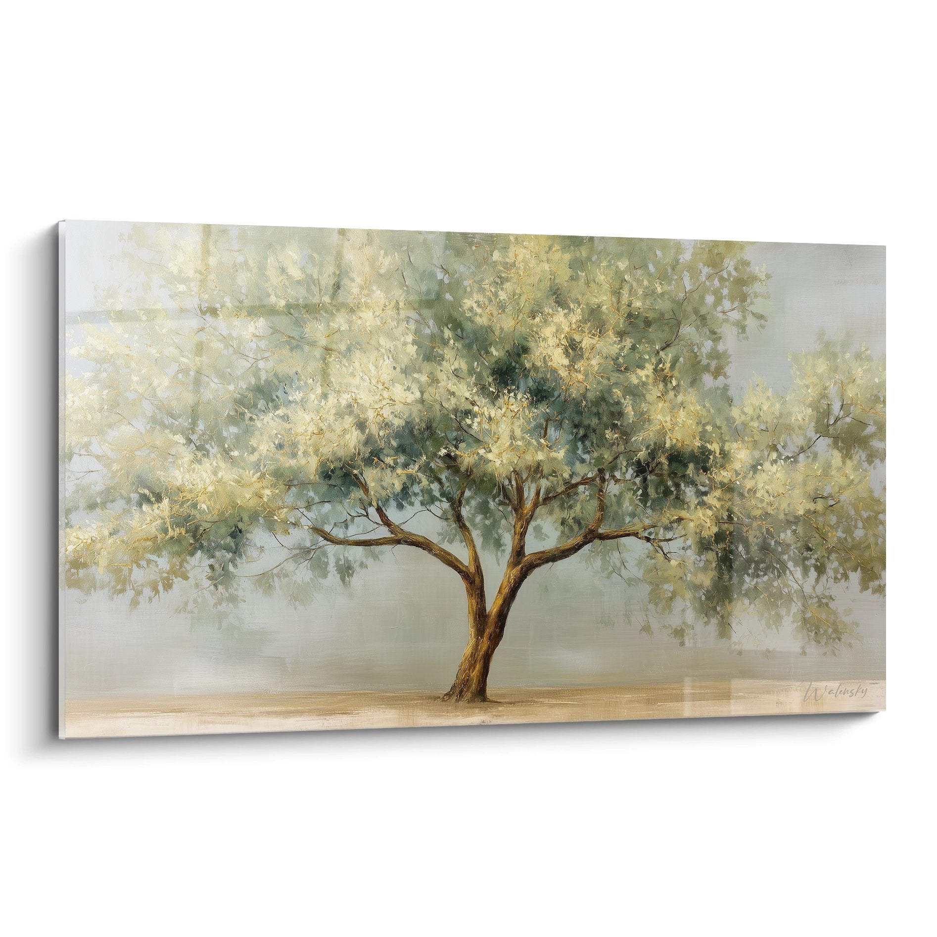 Tableau arbre de vie solitaire aux feuillages dorés et verts sur fond brumeux beige, style contemplatif et apaisant