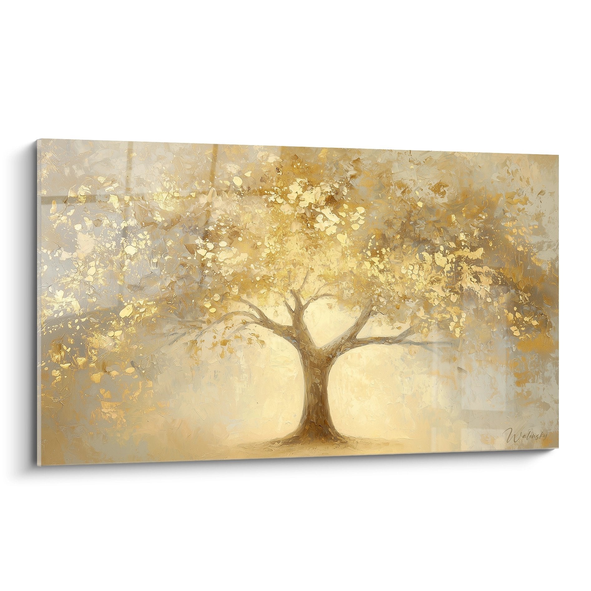 Tree of life wall art with golden foliage on light beige background, contemporary zen style for wall decor