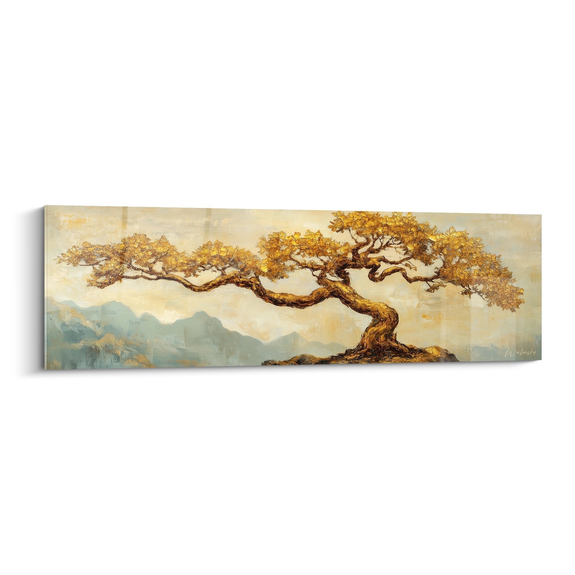 Wandbild Lebensbaum mit gewundenen goldenen Ästen über bergiger Landschaft in Ocker- und Beigetönen