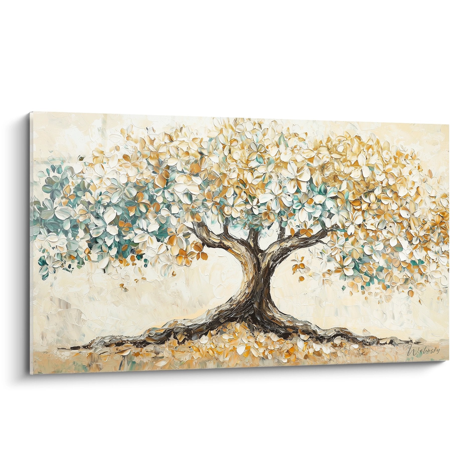 Tableau arbre de vie aux feuillages dorés et turquoise sur fond beige, style impressionniste moderne