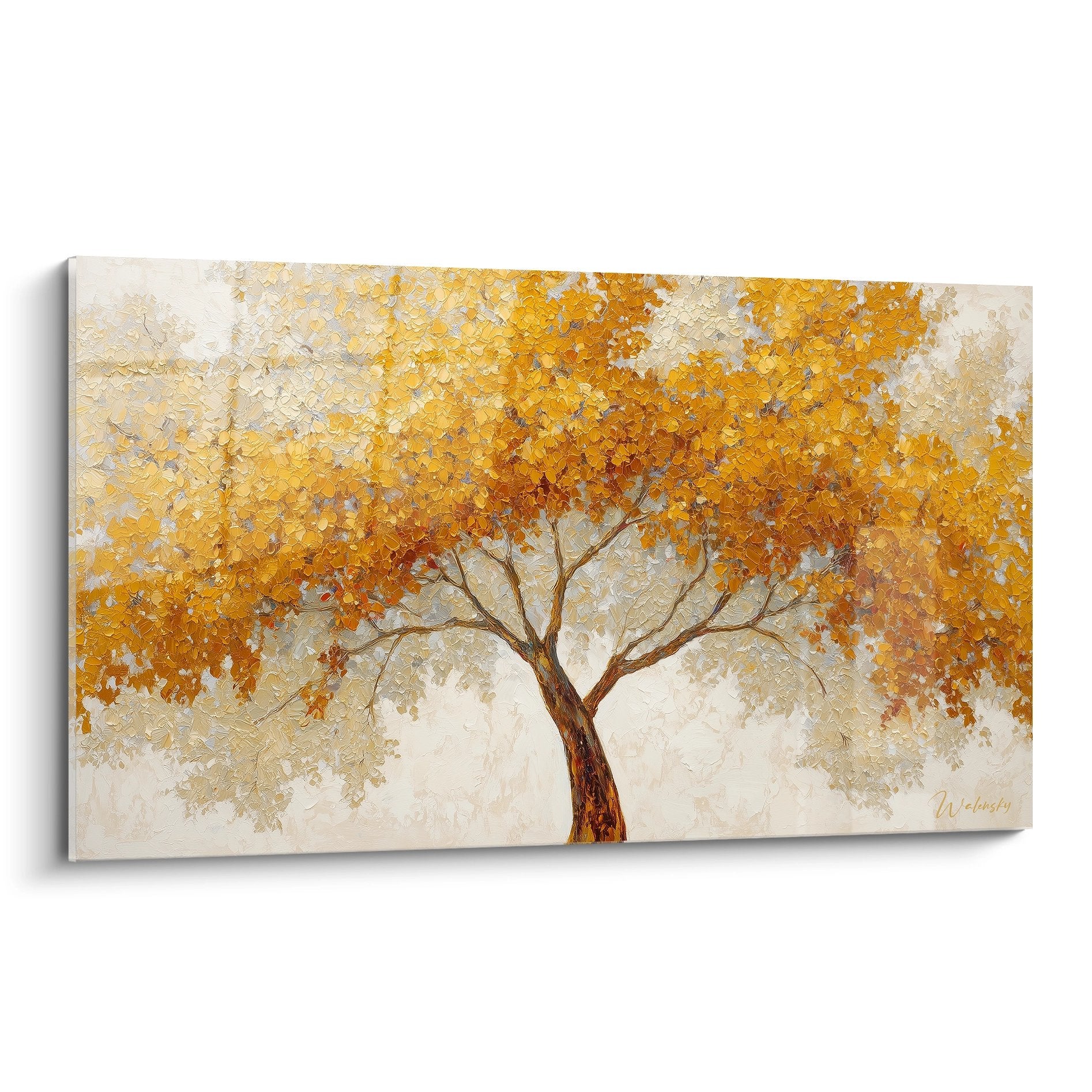 Tableau arbre de vie aux feuillages dores sur fond beige creation artistique decorative murale automnale