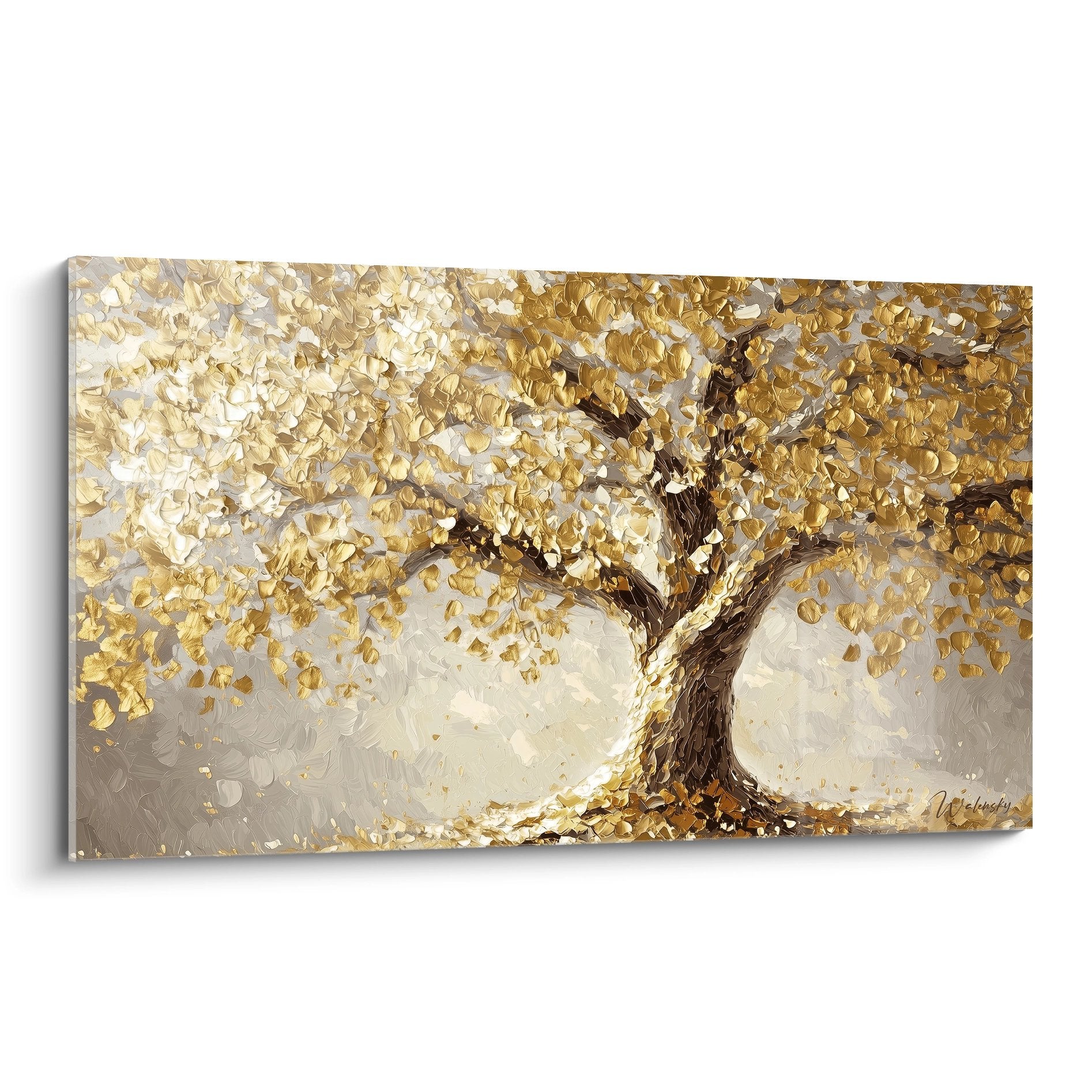 Tree of life wall art with golden foliage on beige background, textured knife painting technique mural decoration