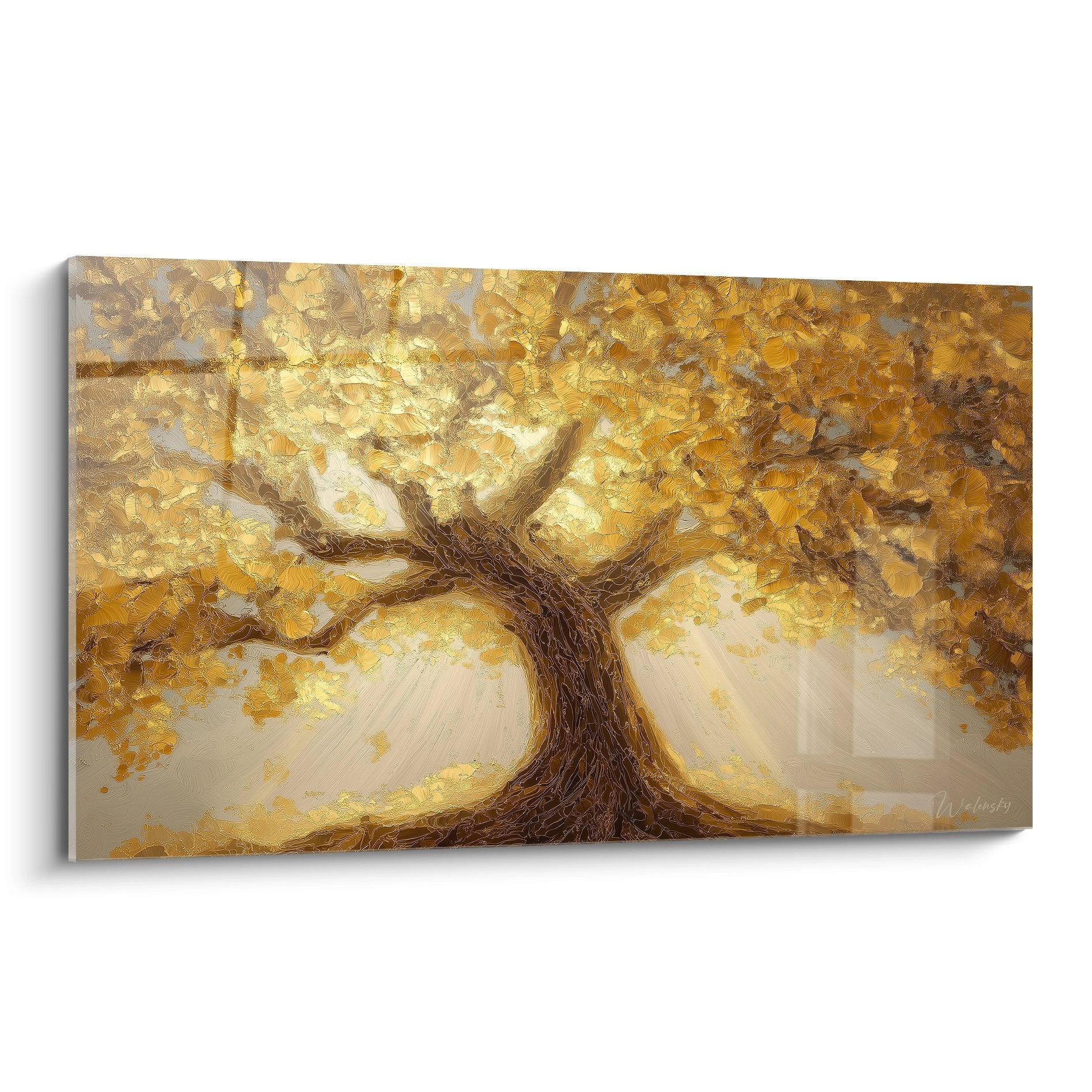 Tableau arbre de vie aux feuillages dores sous lumiere chaude, tons ocre et bronze, style impressionniste spirituel