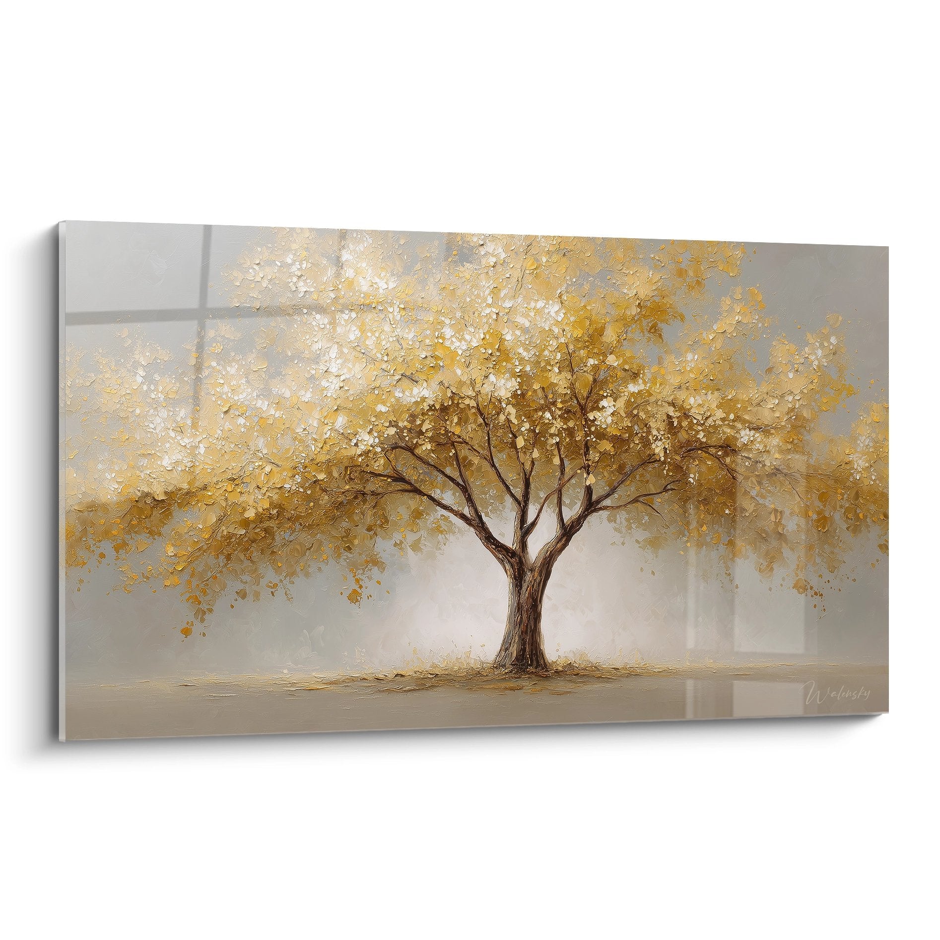 Tableau arbre de vie aux feuilles dorees sur fond beige creme, branches elegantes, style contemporain apaisant
