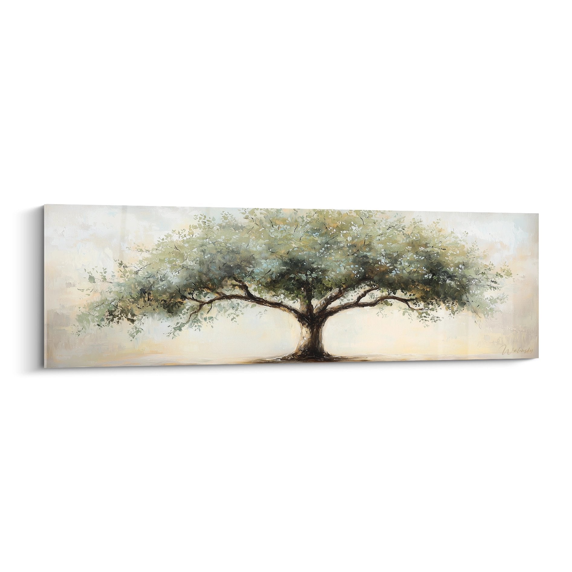 Tableau panoramique arbre de vie majestueux aux tons verts et dorés sur fond beige, style réaliste contemporain