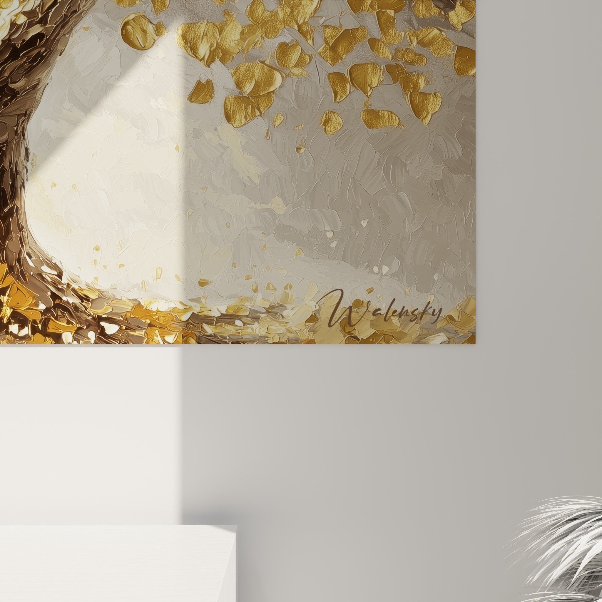 Complete view of golden tree of life wall art in modern living room, elegant mural decoration with warm tones