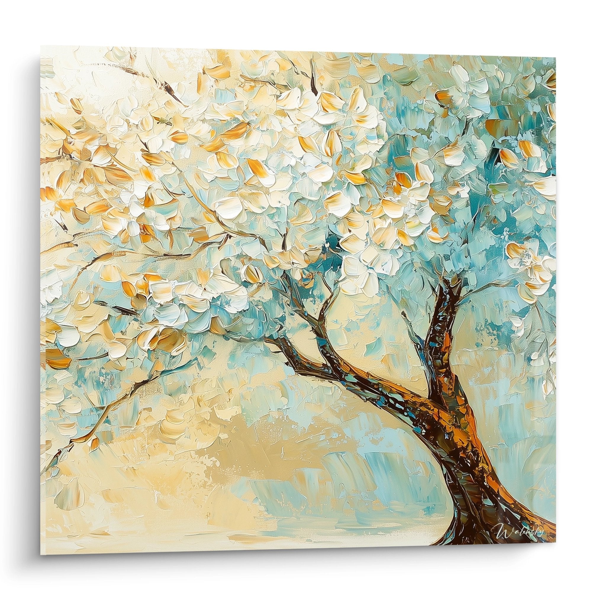Tree of life painting with flowering turquoise and gold branches using impasto technique on modern white canvas