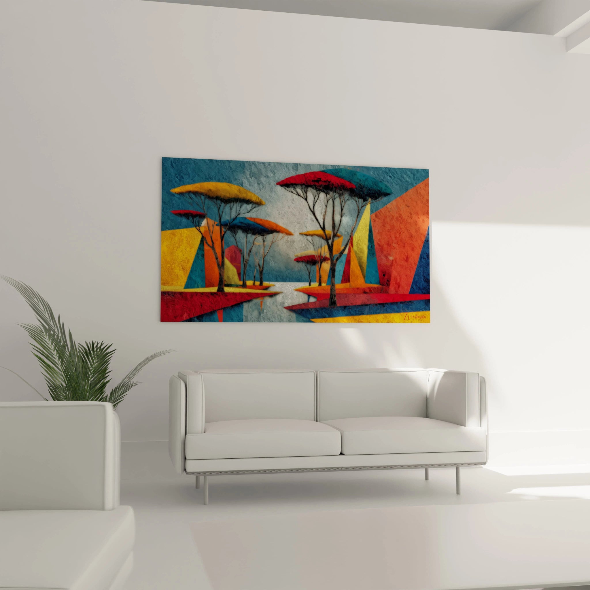 Tableau mural paysage africain contemporain avec des couleurs vives et des formes abstraites