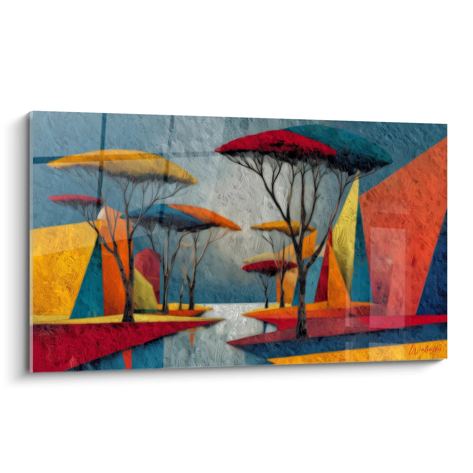 Tableau mural paysage africain contemporain avec des arbres stylisés et des couleurs vives