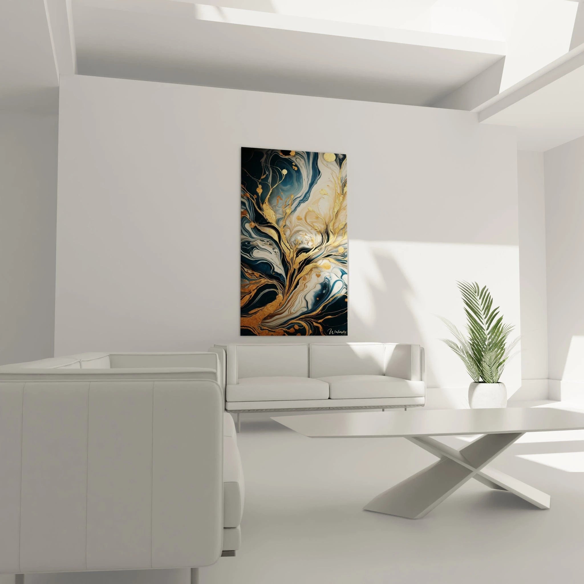 Tableau abstrait composé de coulées fluides en bleu indigo, blanc ivoire et accents dorés. L'œuvre présente une texture marbrée aux motifs ondulants, avec des incrustations d'or formant des ramifications délicates et des éléments circulaires qui contrastent avec les surfaces lisses.