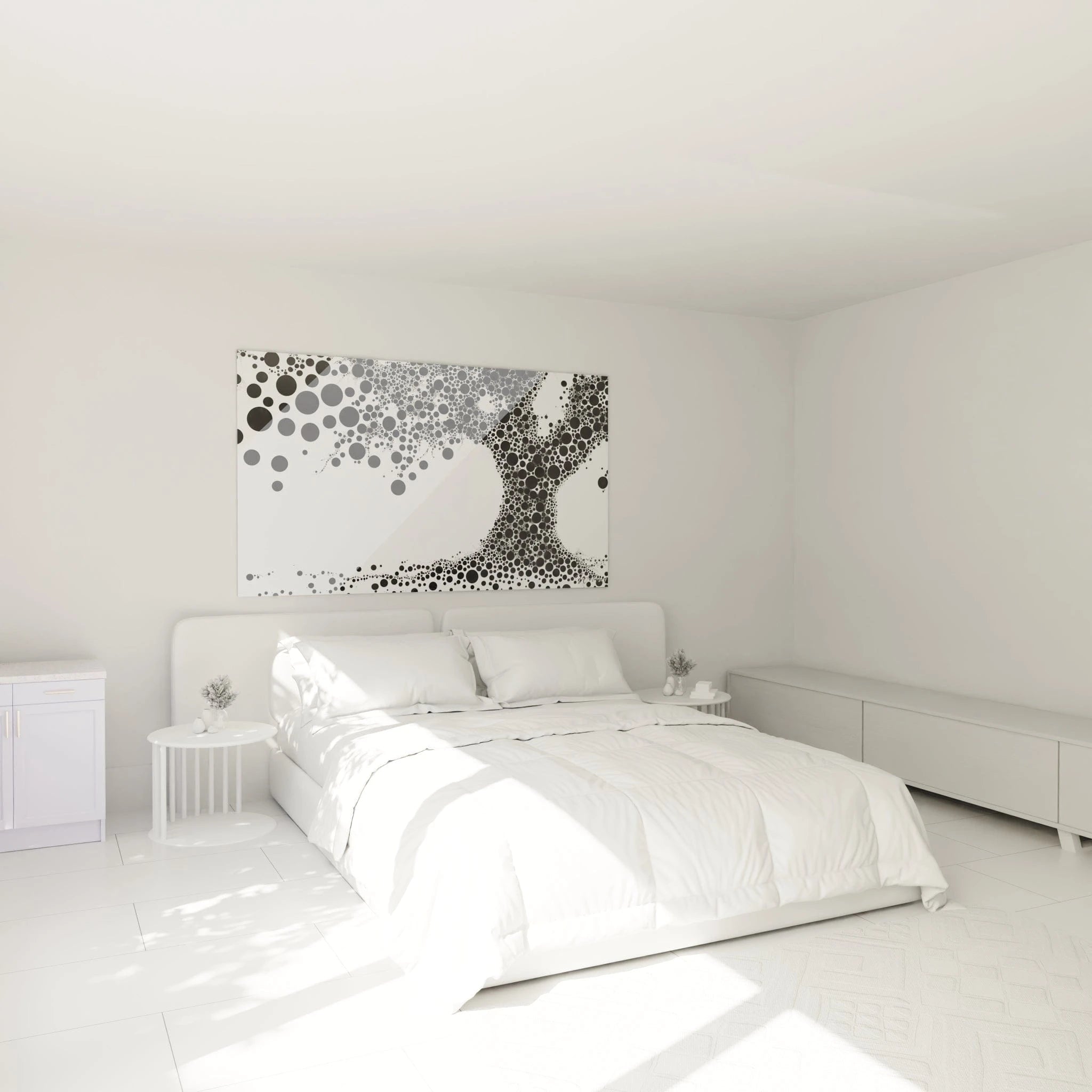 Tableau tacheté noir et blanc de Walensky représentant un arbre au-dessus d'un lit moderne