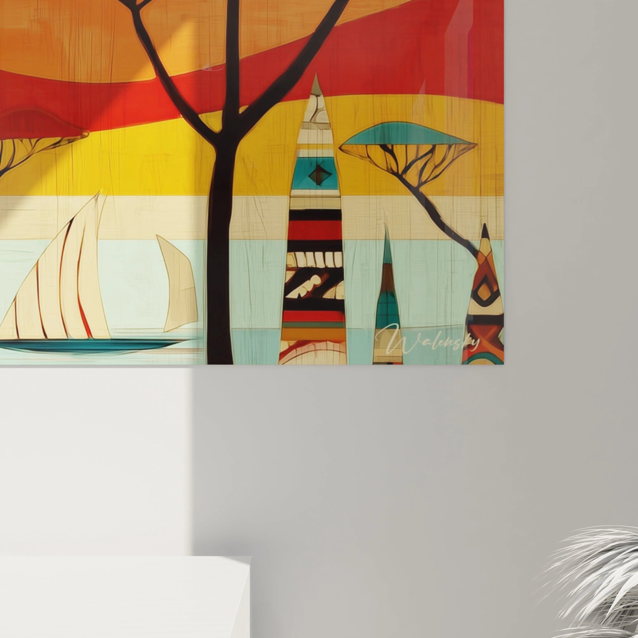 Tableau paysage africain moderne de Walensky avec des couleurs vives et des motifs stylisés