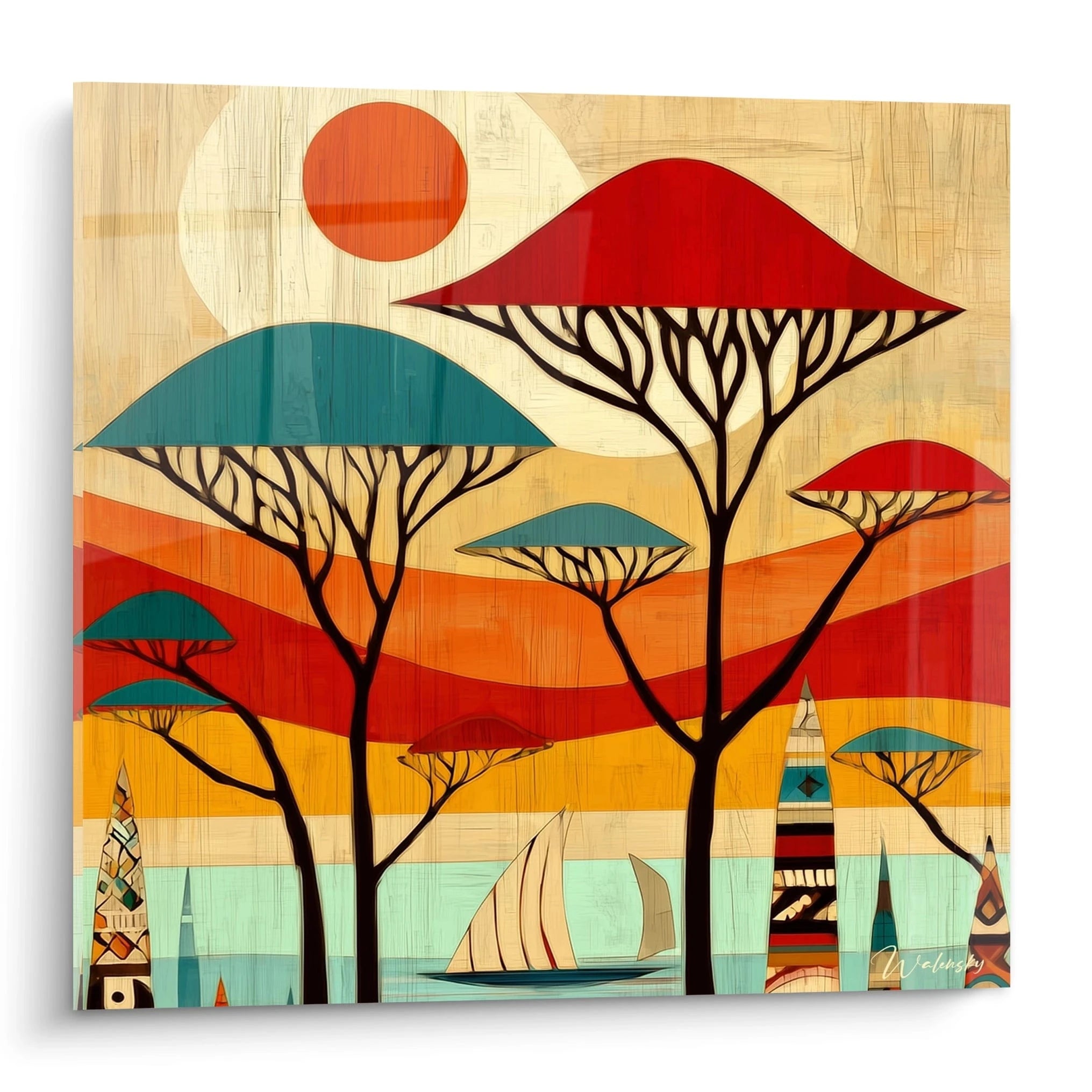 Tableau paysage africain moderne avec arbres stylisés et voiliers sur fond coloré