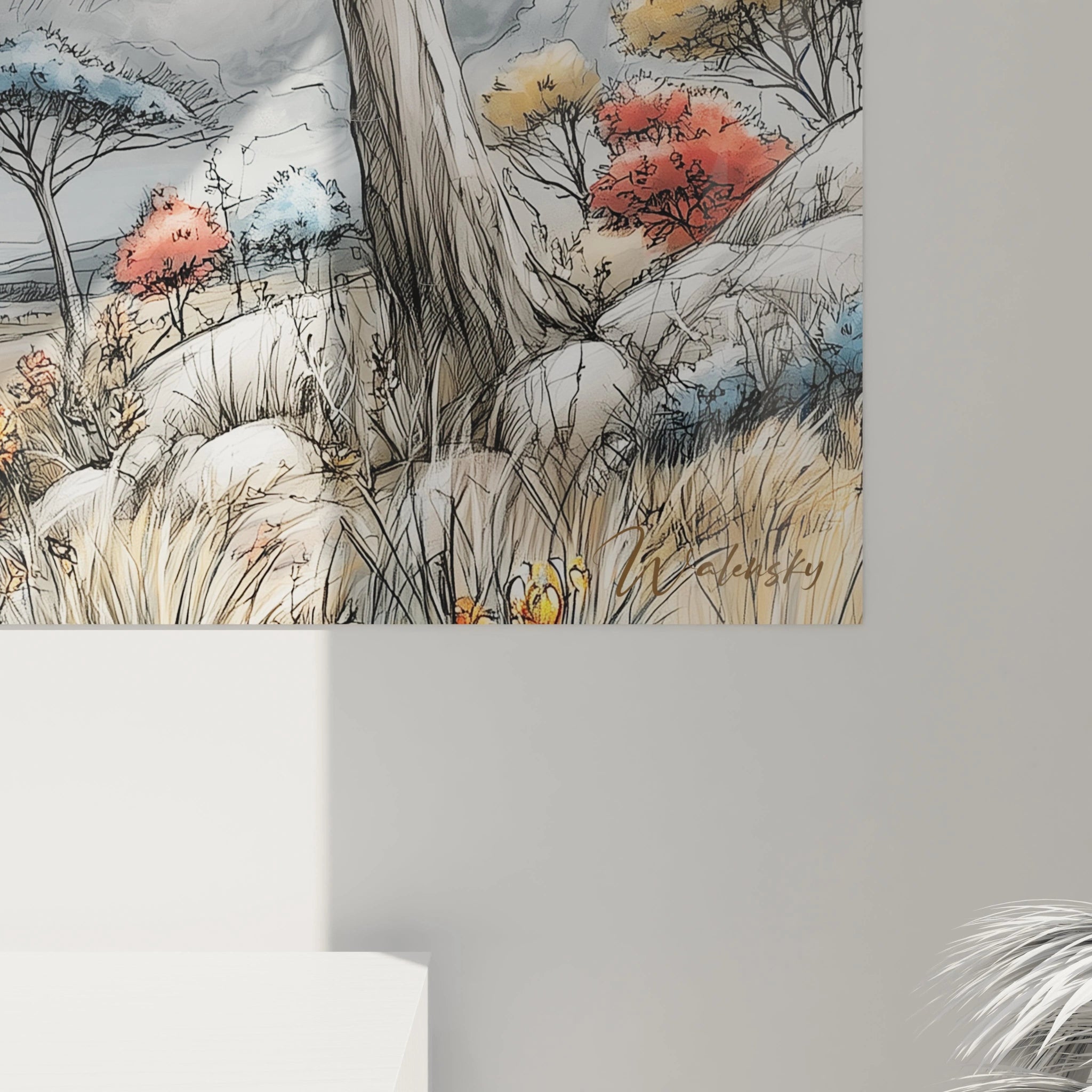 Tableau paysage africain moderne de Walensky avec des couleurs vives et des éléments naturels