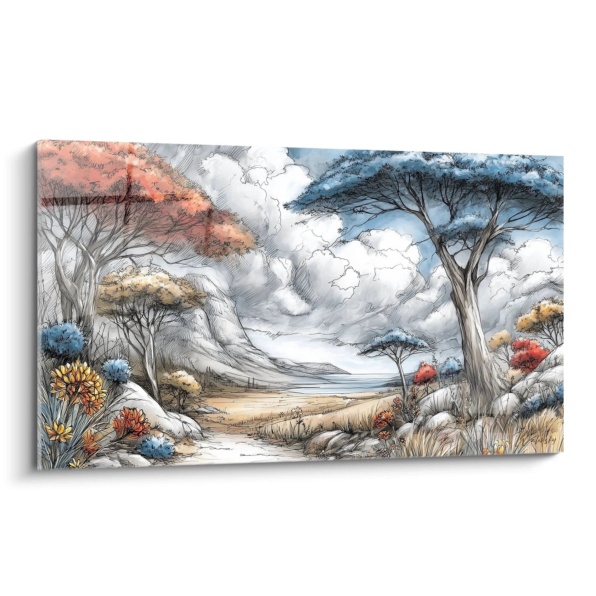 Tableau paysage africain moderne avec des arbres et des fleurs colorées dans un cadre naturel