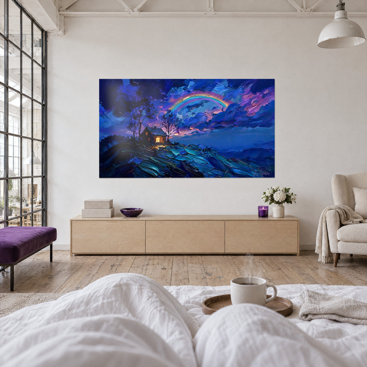 Wall art glowing hut under a rainbow, thick violet and pink sky, seen from behind above a bed in a bright bedroom