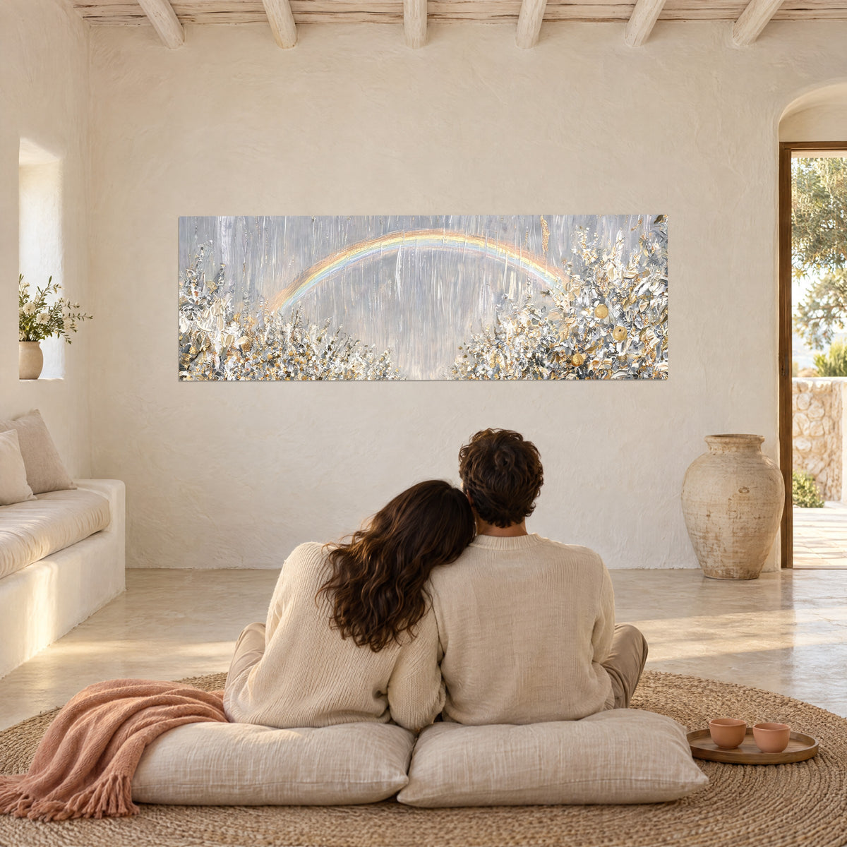 Schilderij kleurrijke halo boven grijze nevel, gouden en crème begroeiing in reliëf, tegenover een koppel op beige kussens