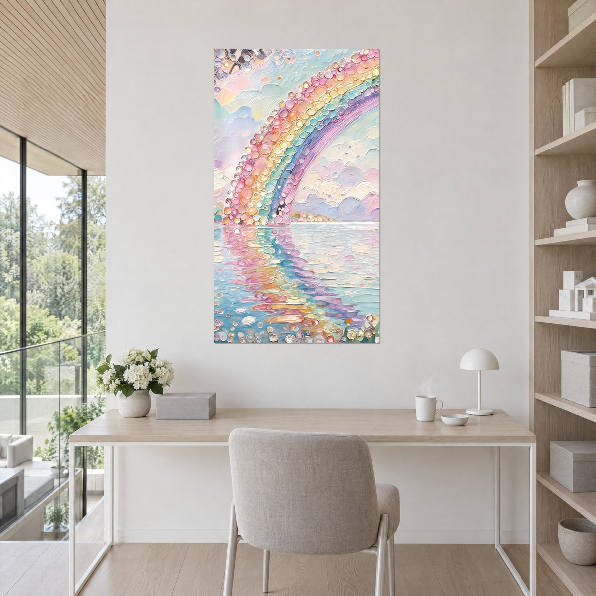 Wall art cascade of coral and sea-green tiles, lake with rosy reflections, hung above a light wood desk