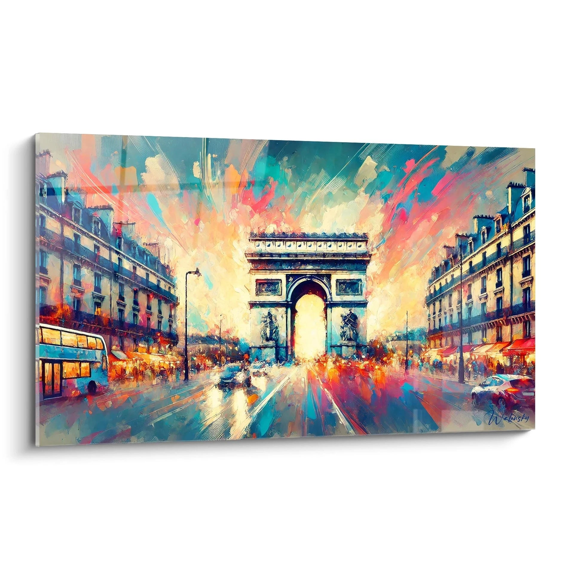 tableau Arc de Triomphe vu de biais dévoile l’élégance parisienne avec des nuances de jaune doré et de rose flamboyant, capturant les lumières modernes et les reflets des Champs-Élysées.