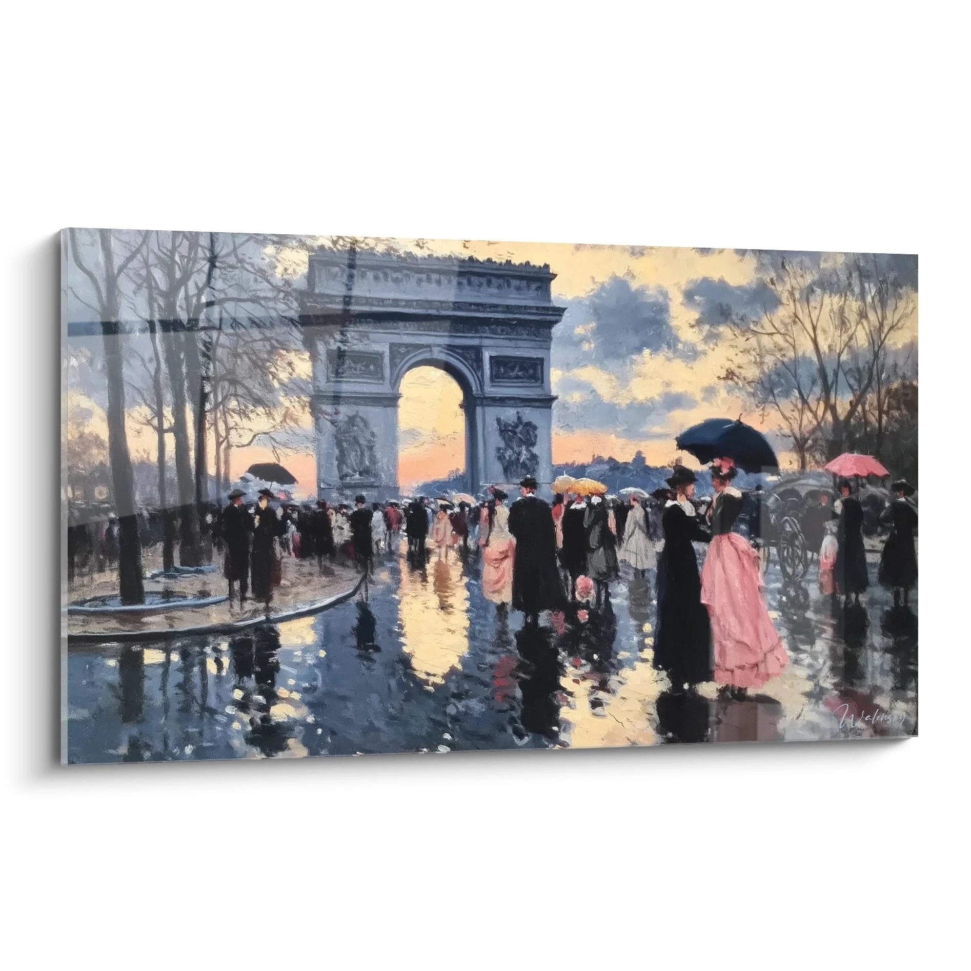 tableau Arc de Triomphe art mural Walensky montrant une scène pluvieuse avec foule parapluies et reflets