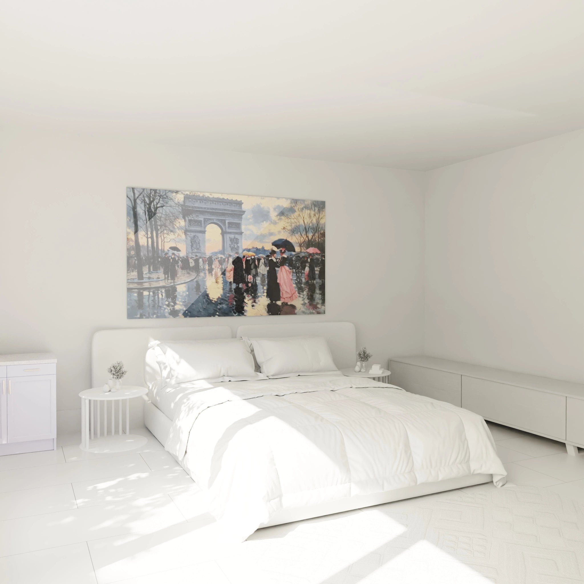 tableau Arc de Triomphe art mural Walensky accroché au-dessus d'un lit blanc minimaliste dans une chambre lumineuse et épurée