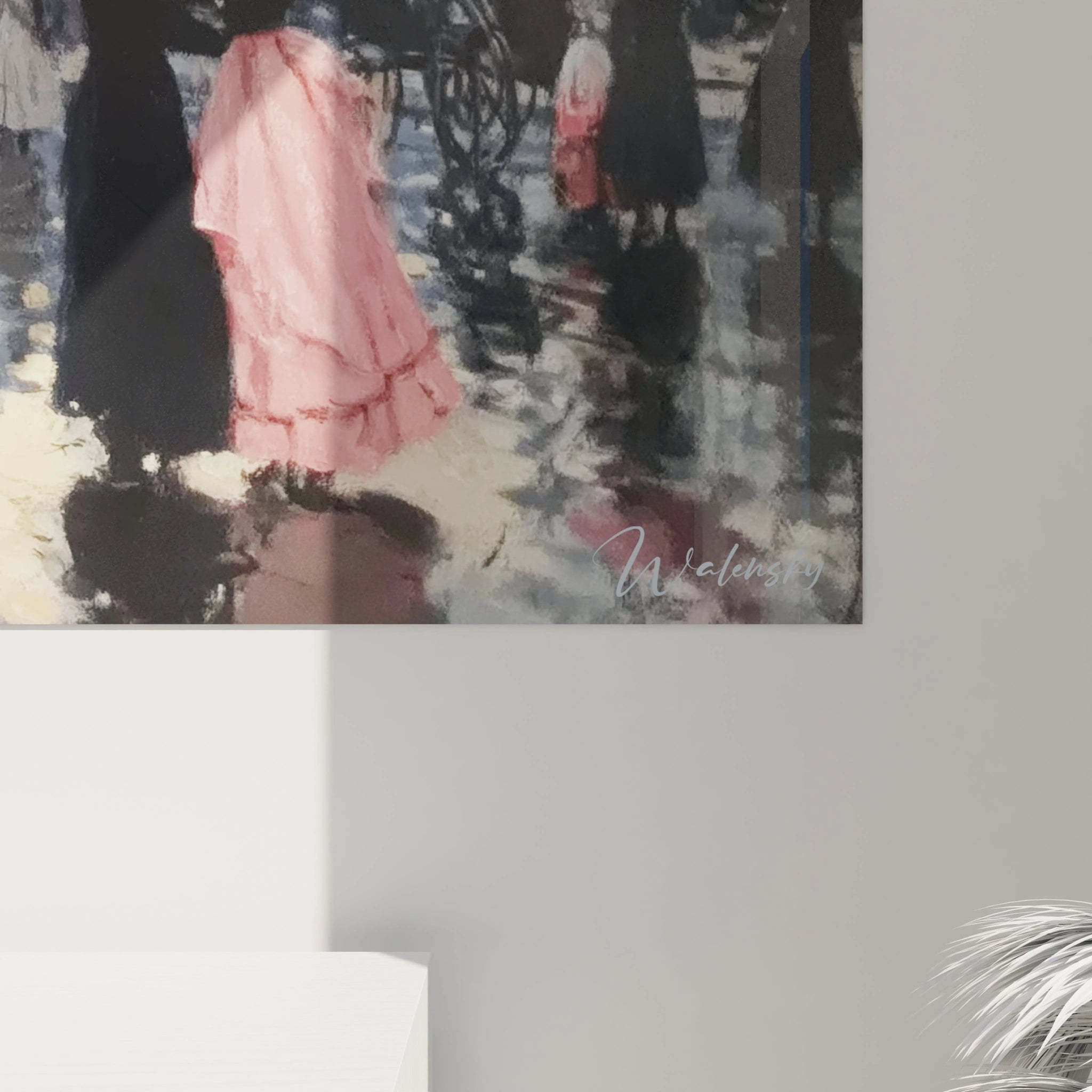 tableau Arc de Triomphe art mural de Walensky montrant figures en robes roses et reflets sur sol mouillé impressionniste