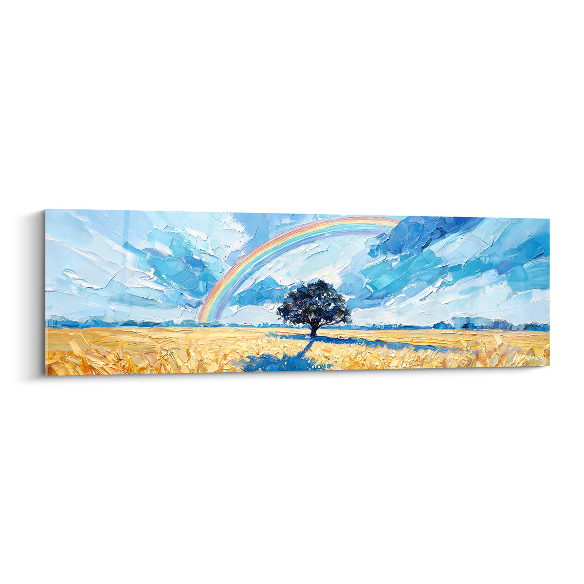 Arc en ciel pastel au-dessus d'un arbre solitaire dans un champ de blé doré, ciel bleu texturé