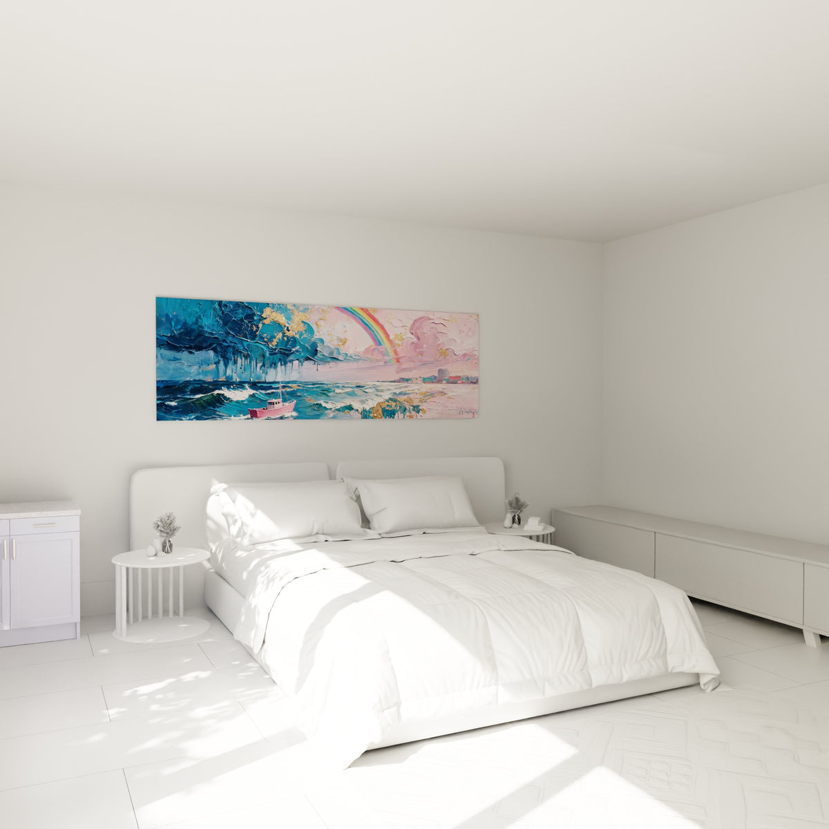 Embarcation rose entre vagues bleues et ciel rosé, au-dessus d'un lit dans une chambre claire
