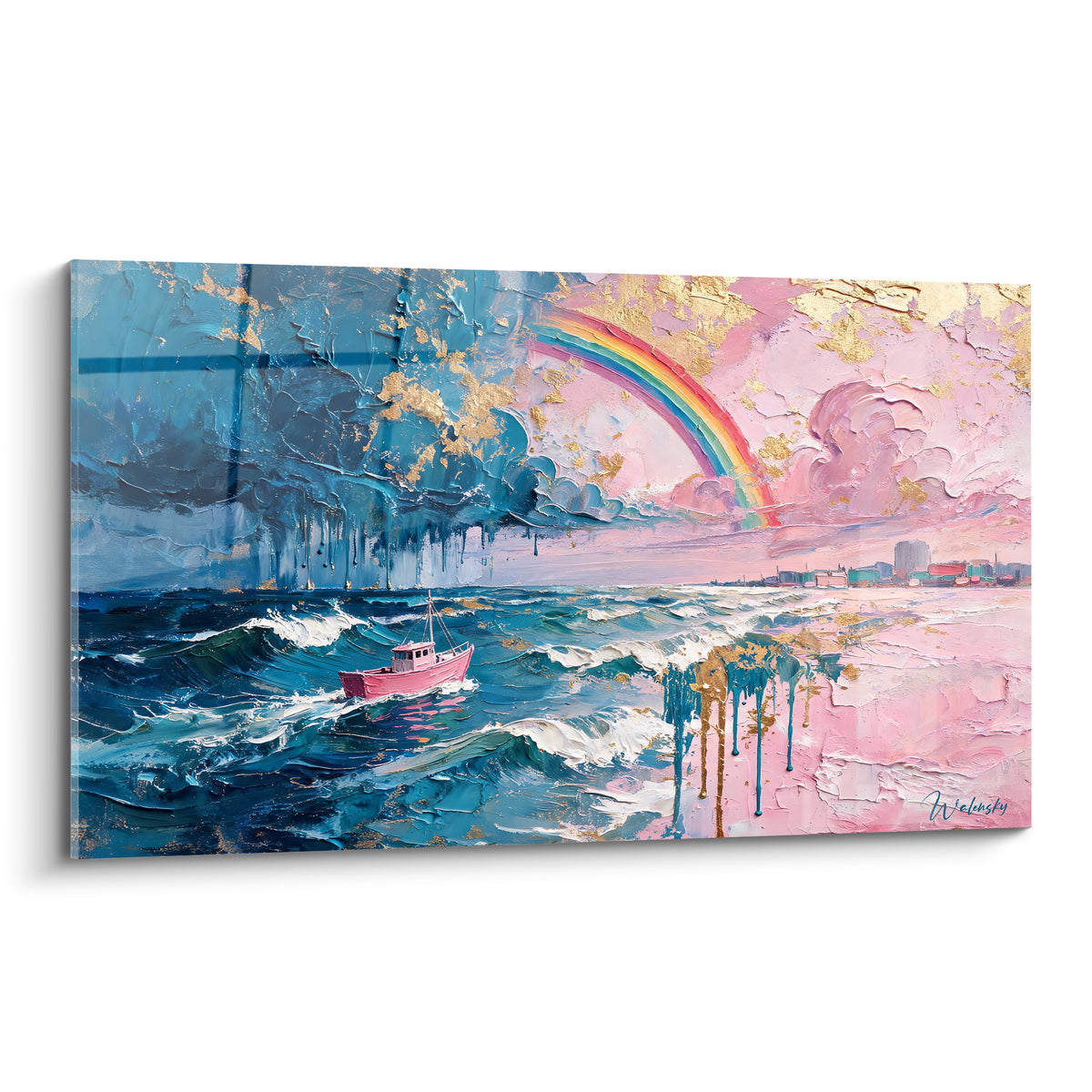 Bateau rose voguant sur une mer bleu marine sous un arc-en-ciel rose et doré éclatant