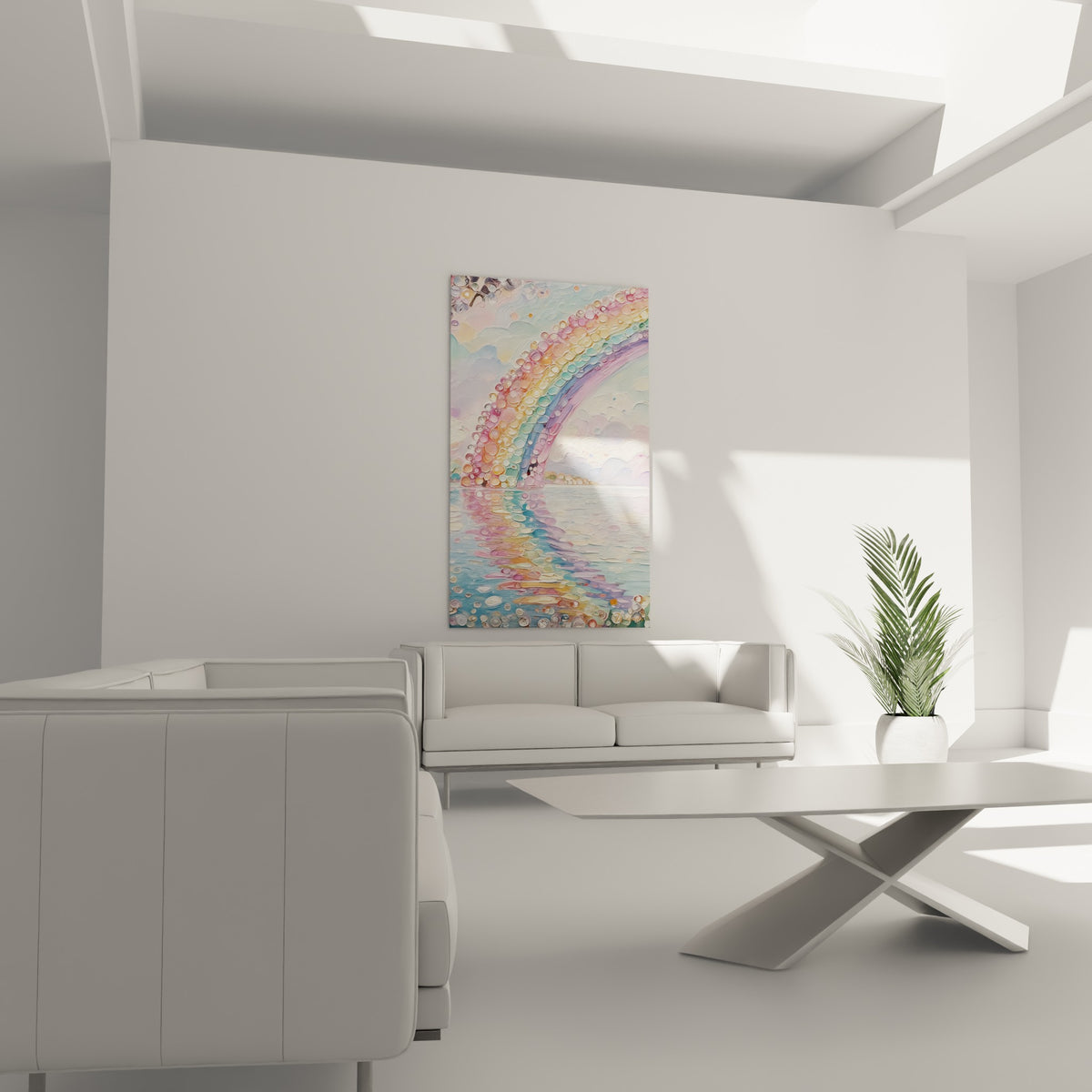 Courbe colorée bleu turquoise et violet de l'arc-en-ciel, au-dessus d'un canapé dans un salon lumineux