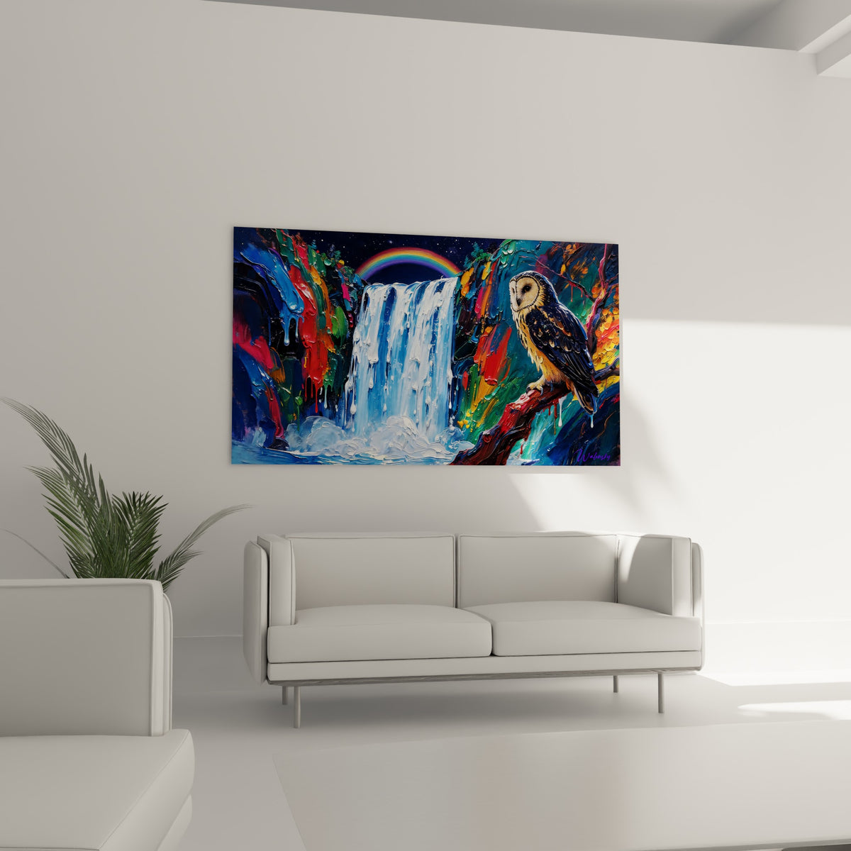 Cascade blanche et forêt orangée avec une chouette perchée, au-dessus d'un canapé dans un salon lumineux