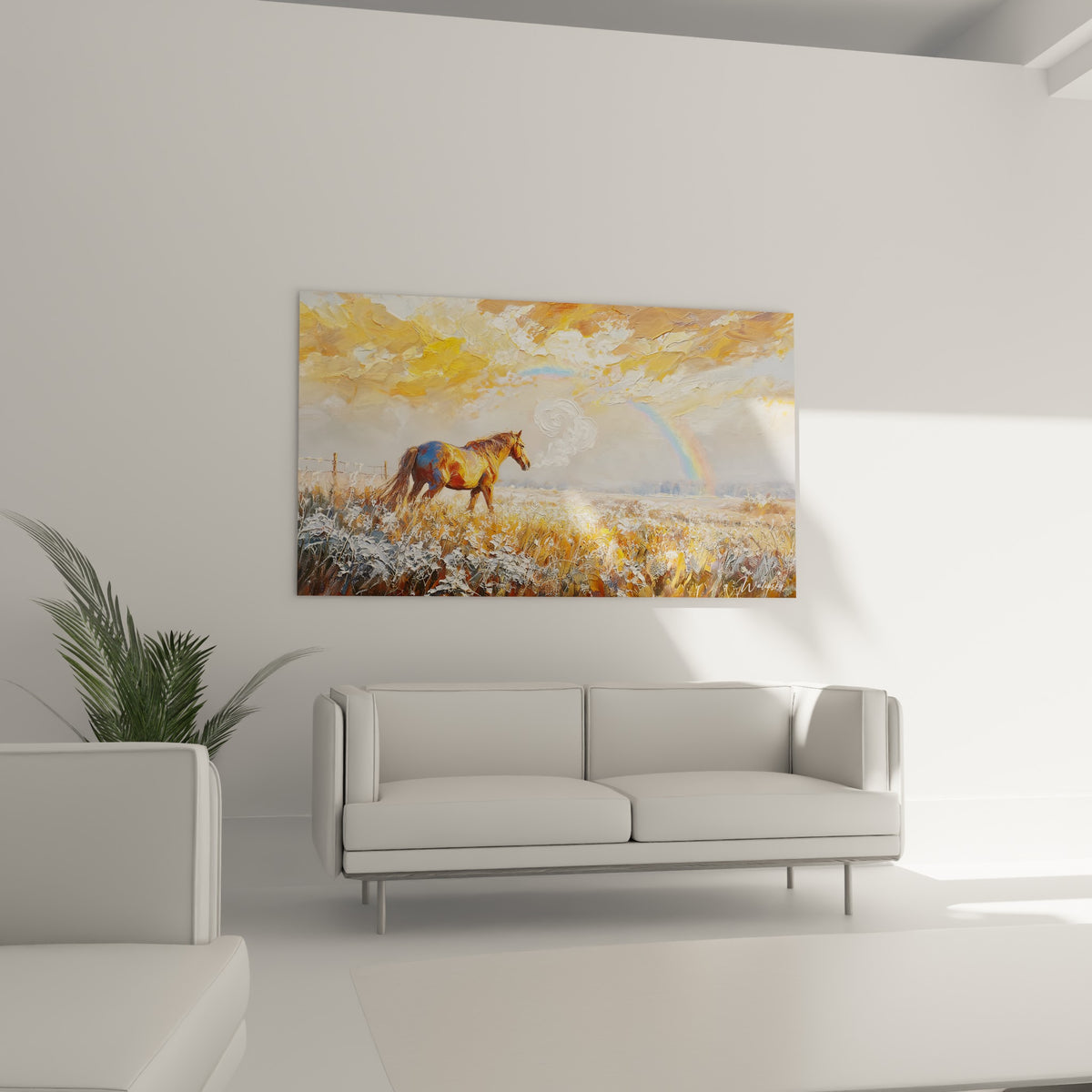 Cavale ocre et brune dans un champ enneigé sous ciel doré, au-dessus d'un canapé dans un salon lumineux.