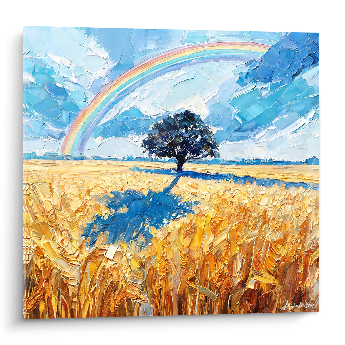 Arc en ciel pastel au-dessus d'un champ de blé doré et d'un arbre bleu nuit solitaire