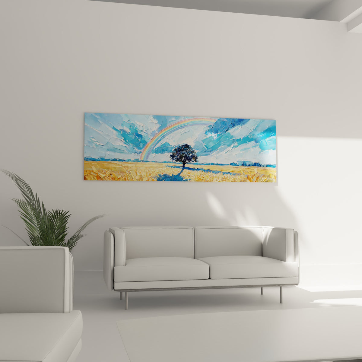 Champ doré et ciel bleu tourmenté encadrant un arc-en-ciel pastel, au-dessus d'un canapé dans un salon lumineux