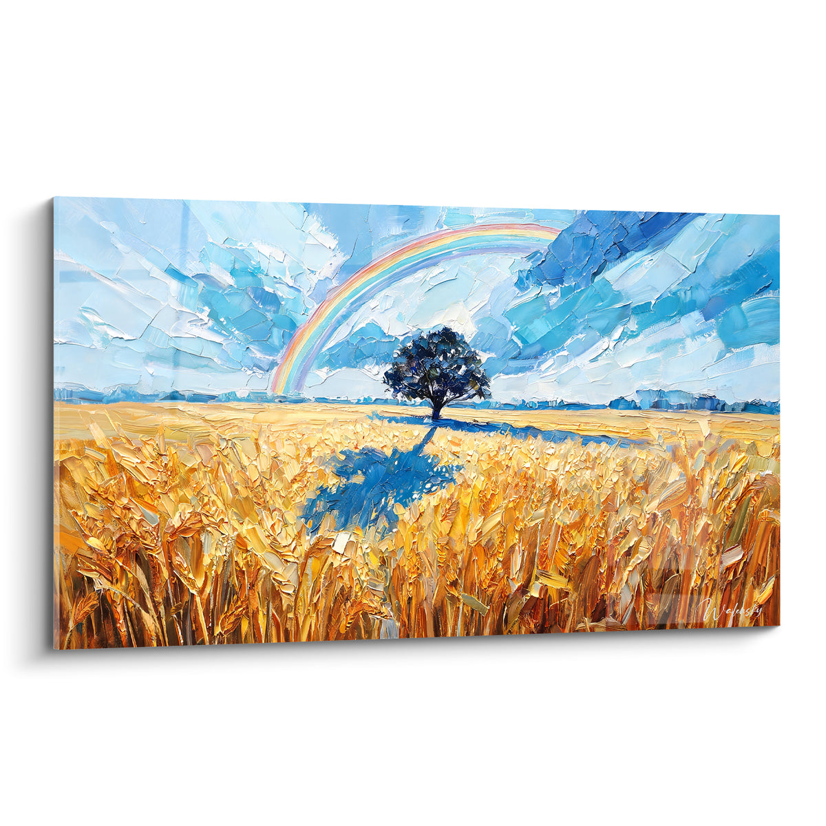 Champ de blé doré et arbre solitaire sous un arc-en-ciel bleu et rose pastel peint à la spatule
