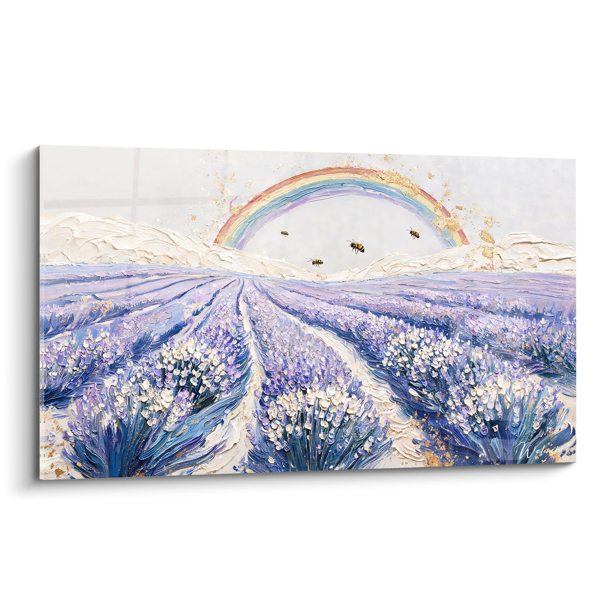 Champ de lavande violet et blanc cassé sous un arc-en-ciel doré, abeilles en vol, peinture texturée