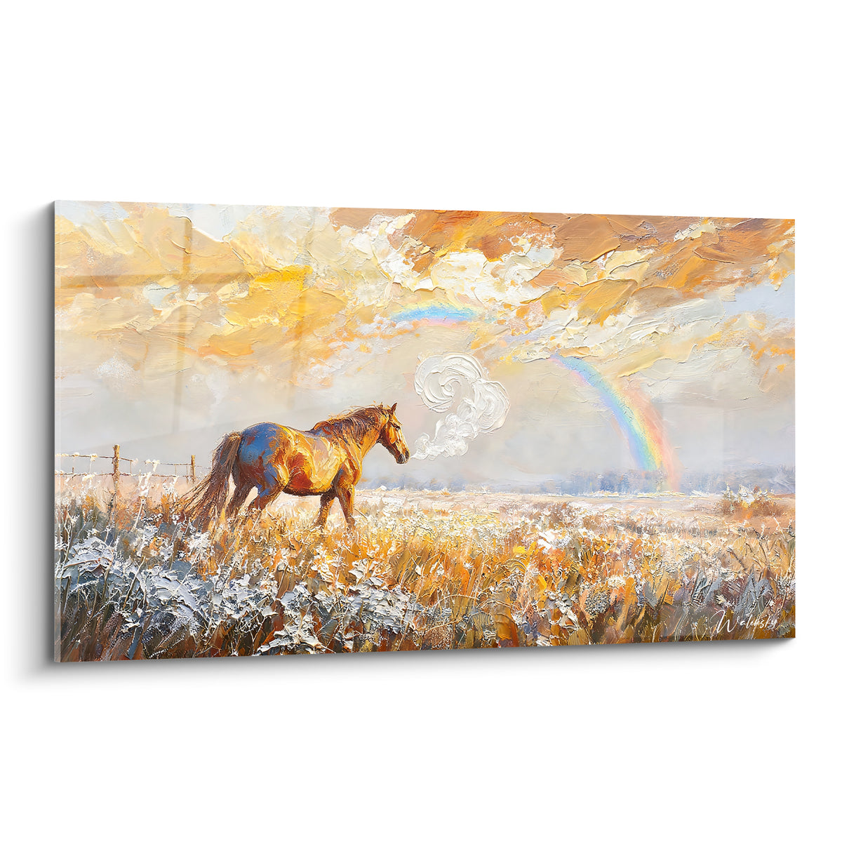 Cheval fauve traversant un champ givré, souffle blanc et arc-en-ciel pastel sous ciel orangé texturé.