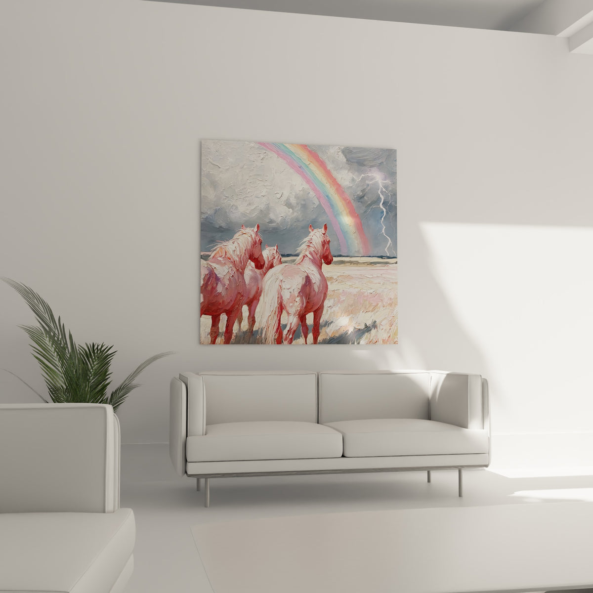 Groupe de chevaux roses contemplant l'arc-en-ciel doré, disposé au-dessus d'un canapé dans un salon lumineux