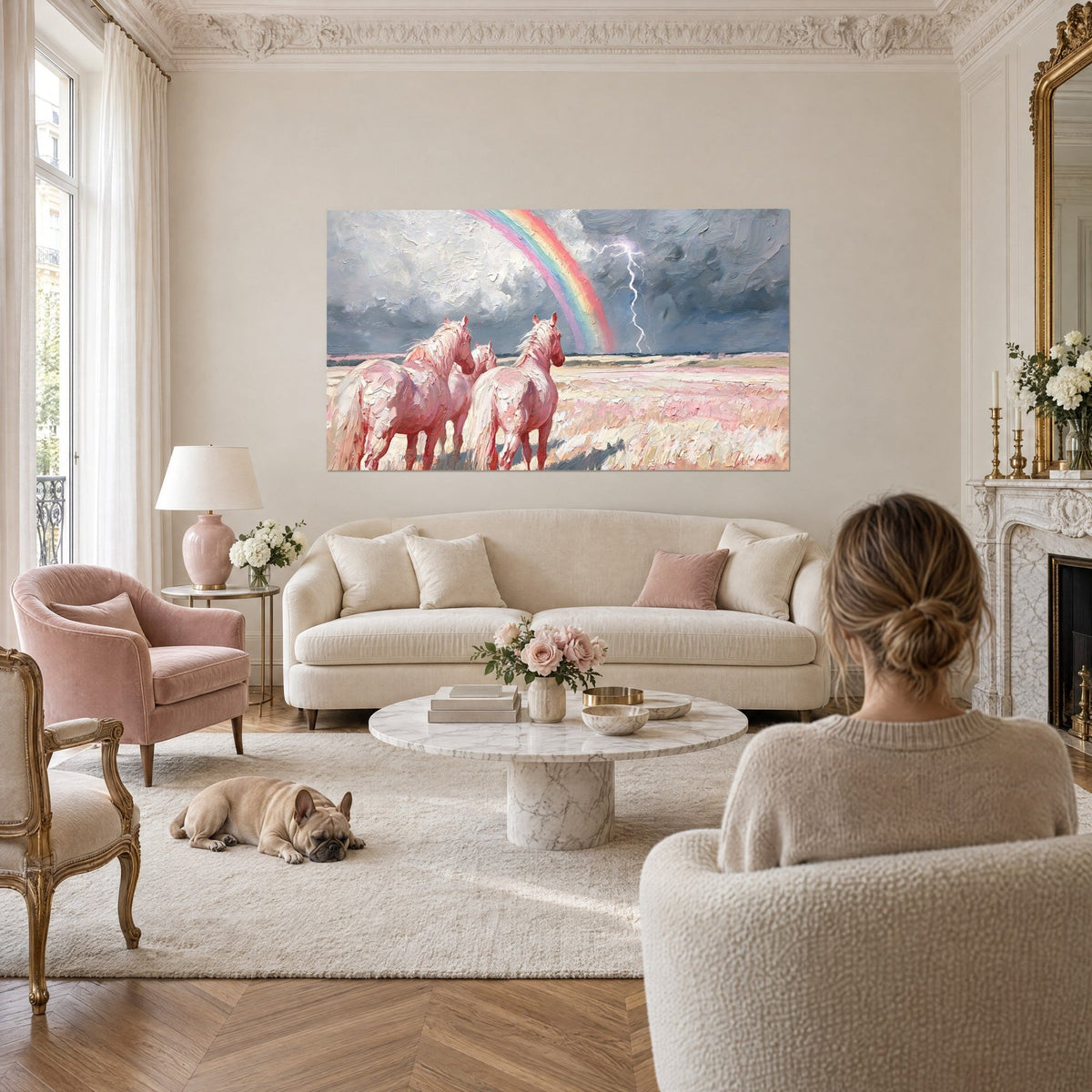 Wall art trio of pink horses facing the storm, pastel rainbow and violet lightning, above a sofa in a bright living room