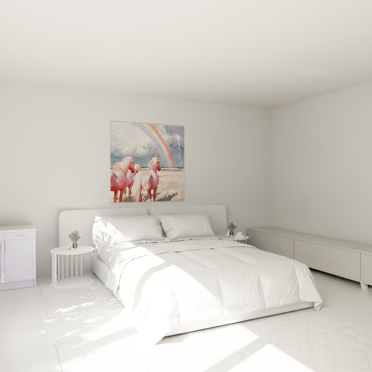 Trois chevaux pastel roses sous un arc-en-ciel bleu et violet, accrochés au-dessus d'un lit dans une chambre claire
