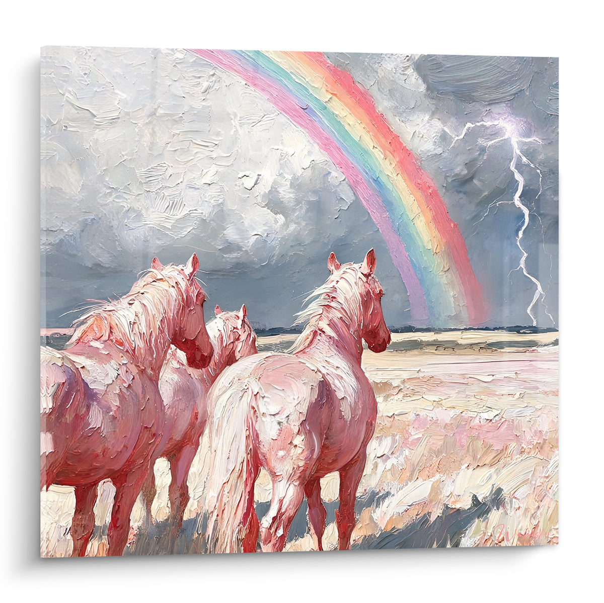 Chevaux roses et blancs face à un arc-en-ciel doré sous un ciel gris orageux zébré d'éclairs