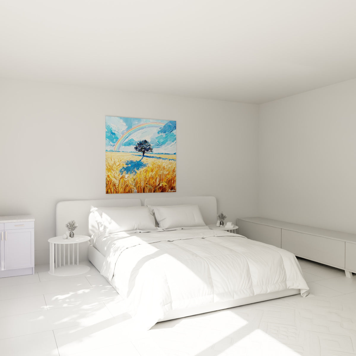 Champ de blé doré et arche colorée peints au couteau, au-dessus d'un lit dans une chambre claire