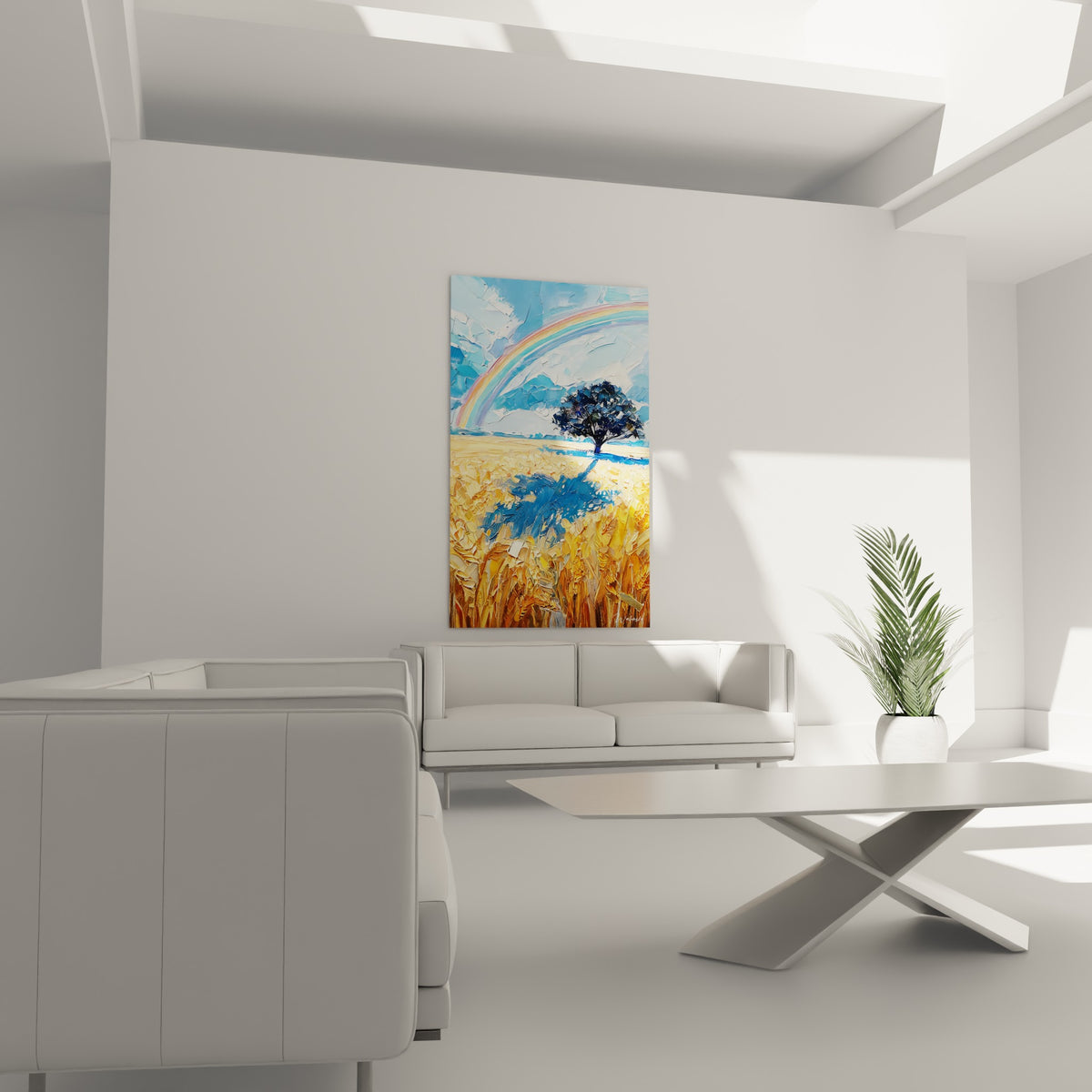Ciel bleu et champ ocre traversés d'un arc-en-ciel lumineux, au-dessus d'un canapé dans un salon lumineux
