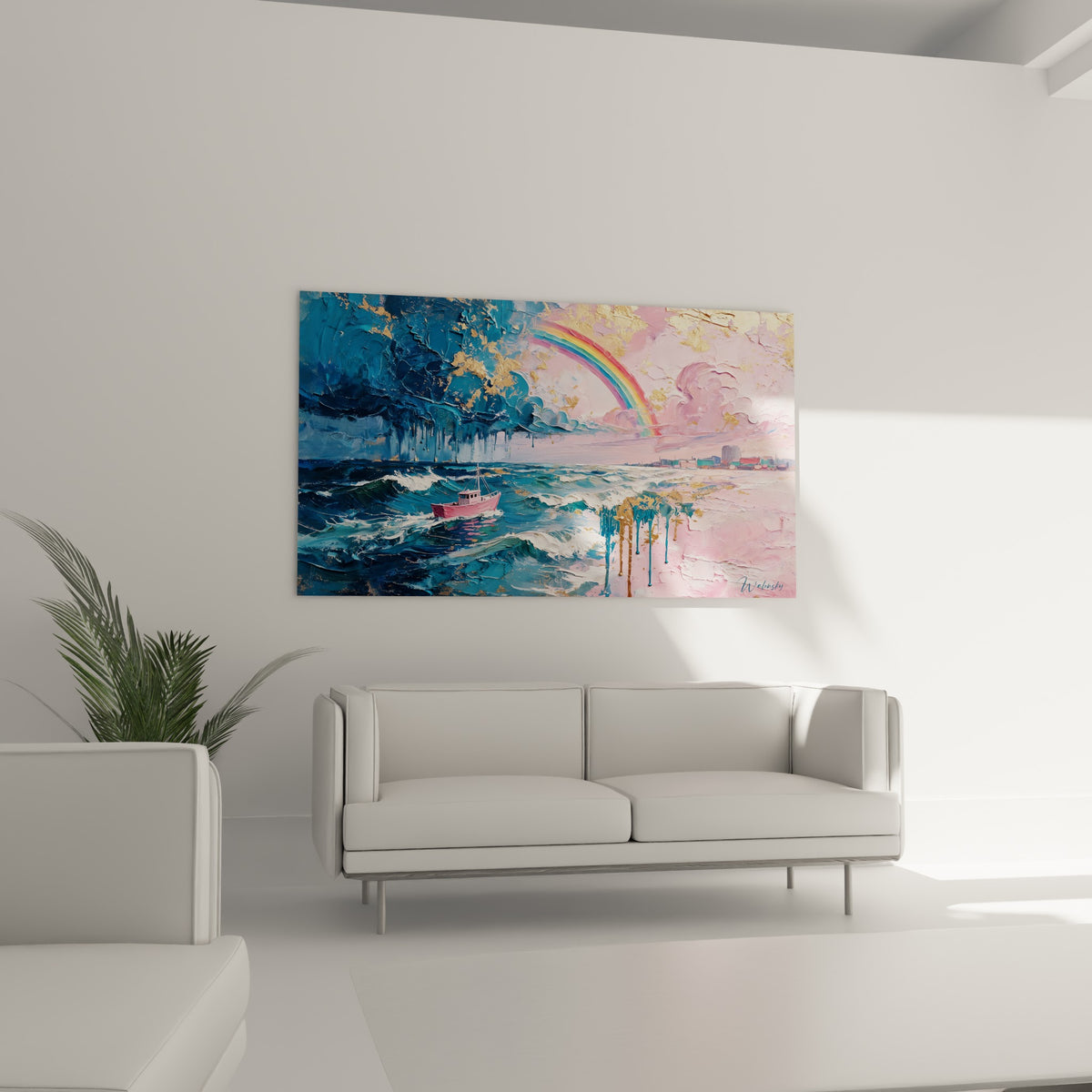 Scène marine rose et bleue avec arc-en-ciel doré, au-dessus d'un canapé dans un salon lumineux