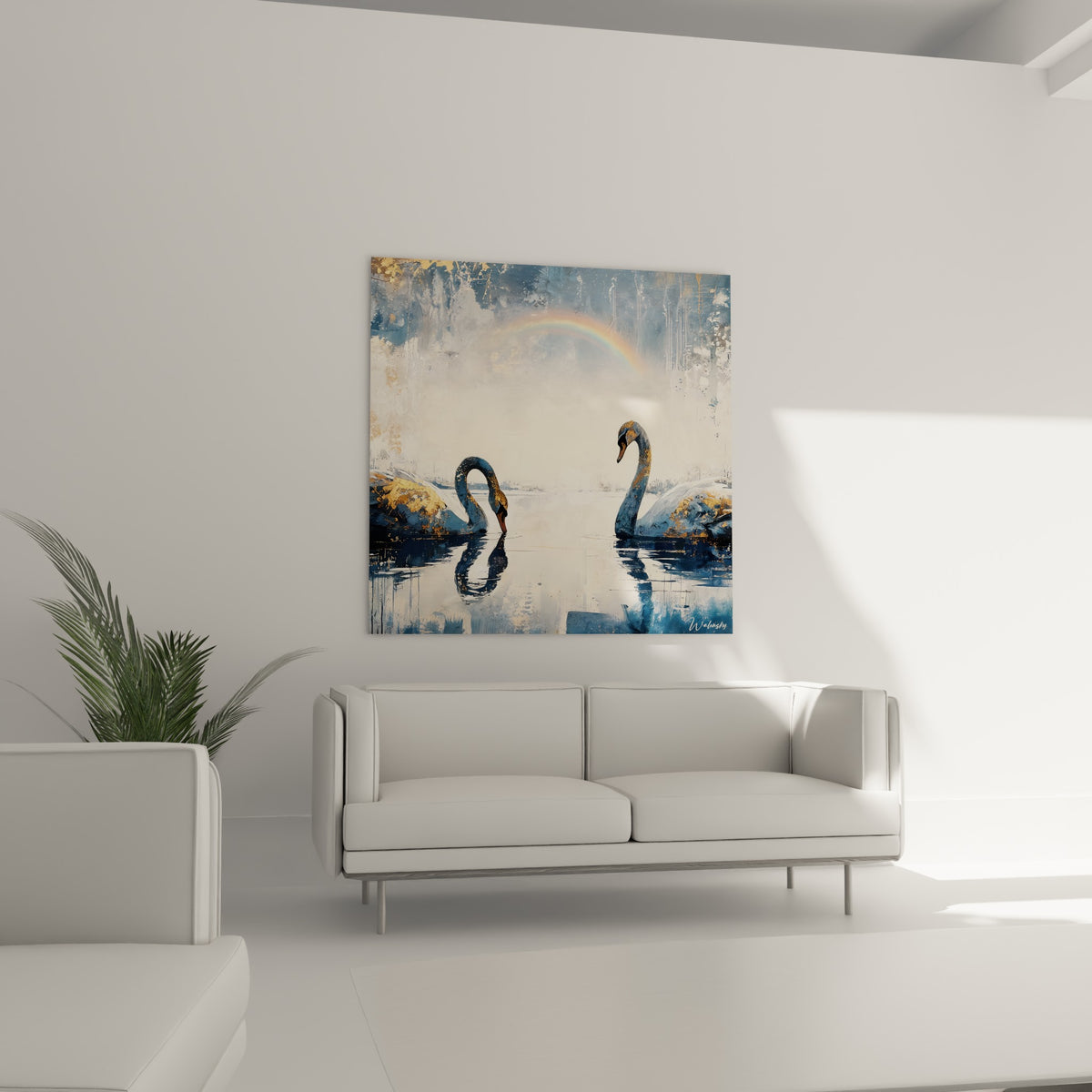 Silhouettes de cygnes ambrées et bleu ardoise composant une scène apaisée, au-dessus d'un canapé dans un salon lumineux.