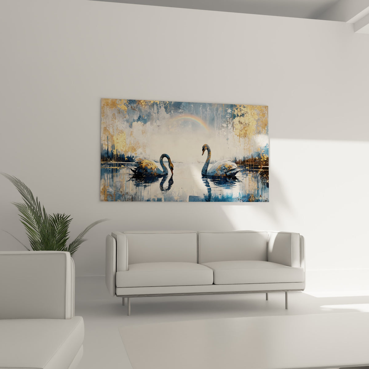 Silhouettes de cygnes blancs et or glissant sur l'eau, présentées au-dessus d'un canapé dans un salon lumineux