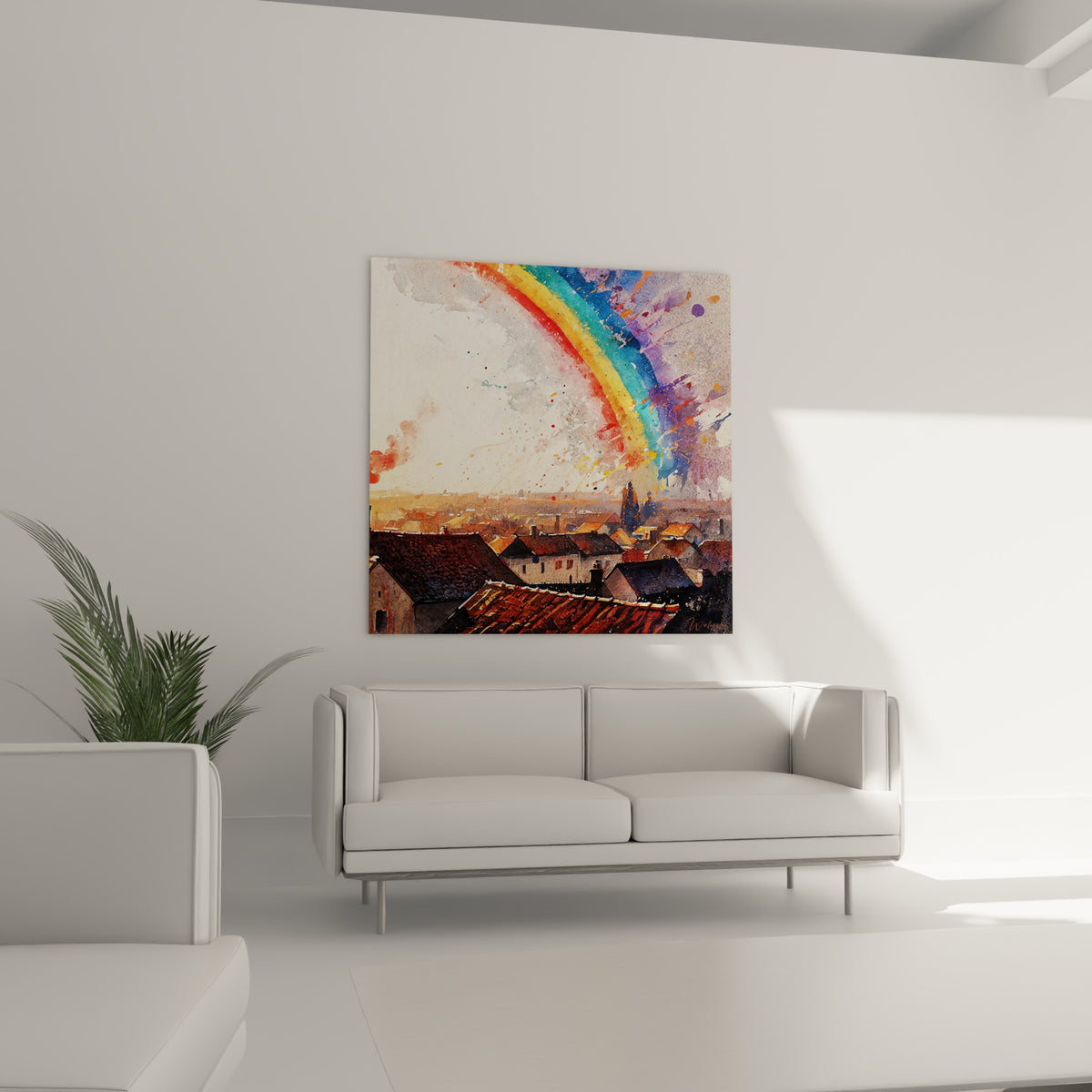 Ciel éclaboussé de rouge et de violet dominant des toitures ocre, au-dessus d'un canapé dans un salon lumineux