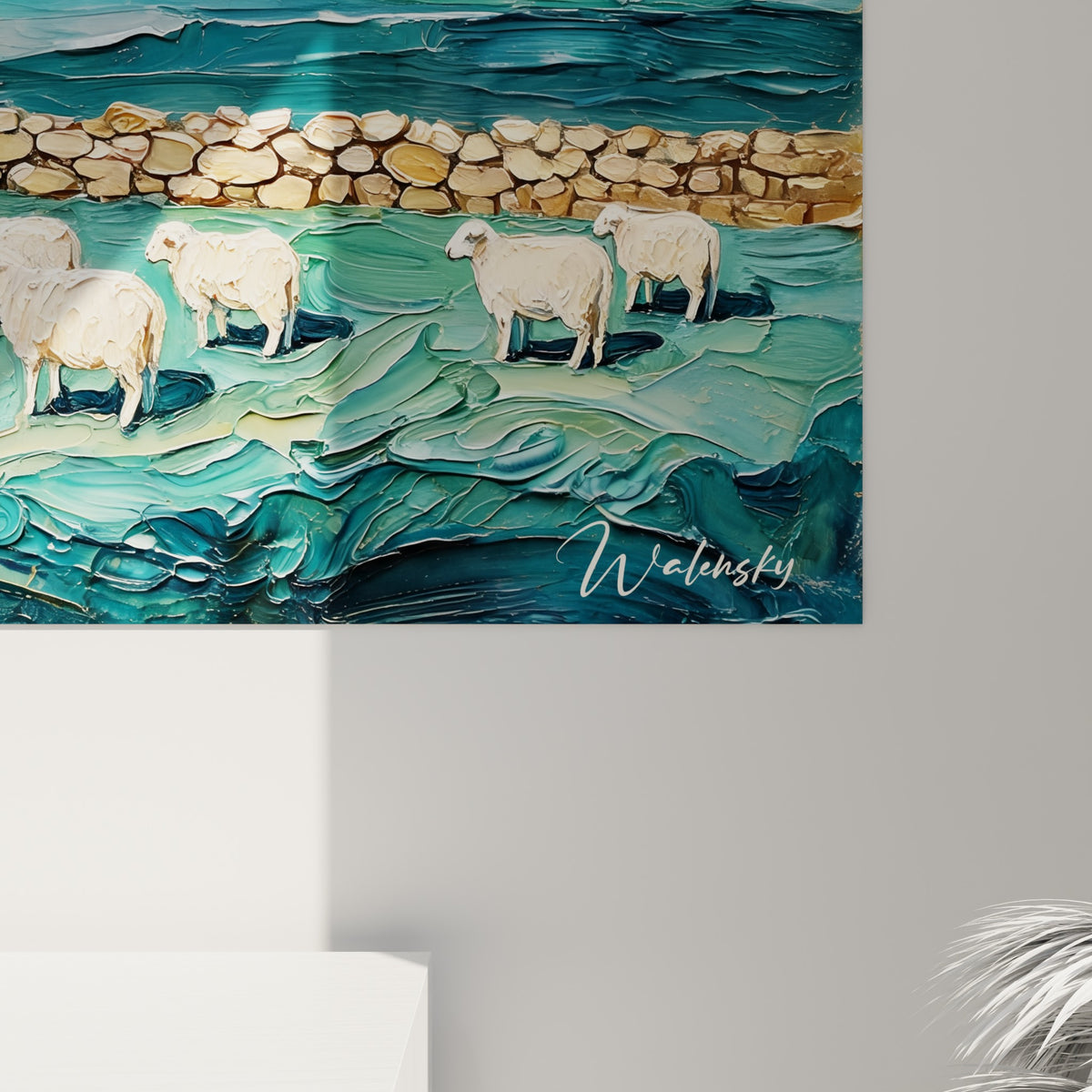 Empâtements épais en bleu pétrole et vert émeraude, coulures blanches et grain texturé de la toile