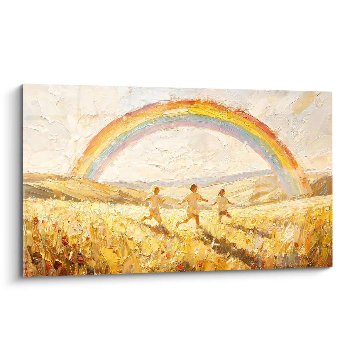 Trois enfants courent sous un Arc en ciel doré, ocre et bleu pastel dans un champ de blé