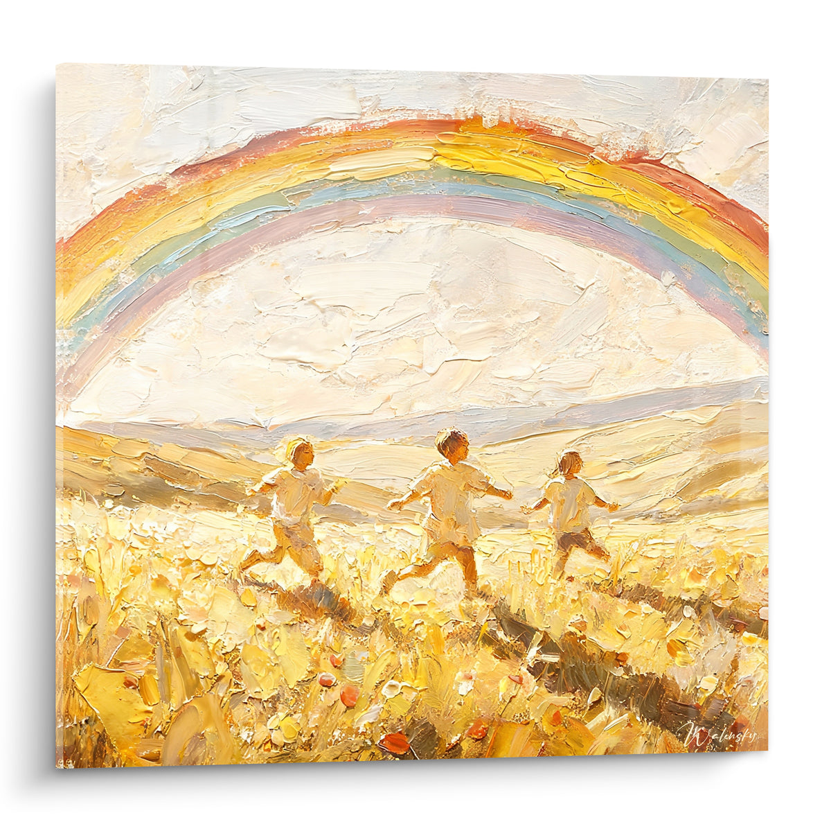 Trois enfants courent sous un arc-en-ciel doré et orangé dans un champ de fleurs texturé à l'huile
